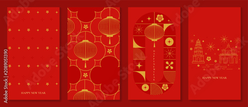 Happy Chinese New Year abstract vector greeting card templates set. Red and gold lunar holiday posters with fan shapes, geometric ornaments, scallop patterns and decorative backgrounds