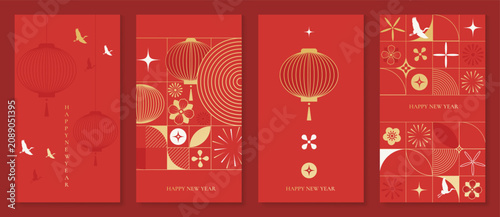 Happy Chinese New Year abstract vector greeting card templates set. Red and gold lunar holiday posters with fan shapes, geometric ornaments, scallop patterns and decorative backgrounds