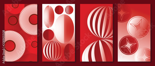 Happy Chinese New Year abstract vector greeting card templates set. Red and gold lunar holiday posters with fan shapes, geometric ornaments, scallop patterns and decorative backgrounds
