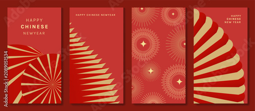 Happy Chinese New Year abstract vector greeting card templates set. Red and gold lunar holiday posters with fan shapes, geometric ornaments, scallop patterns and decorative backgrounds