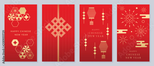Happy Chinese New Year abstract vector greeting card templates set. Red and gold lunar holiday posters with fan shapes, geometric ornaments, scallop patterns and decorative backgrounds