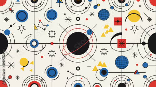 Obraz na płótnie Flat vector Bauhaus celestial pattern, bold primary colors, geometric stars and