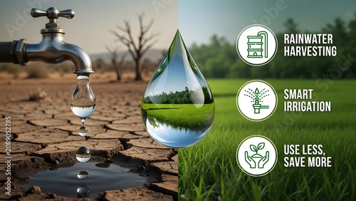 Water conservation methods emphasize rainwater harvesting, smart irrigation, and sustainable resource management.