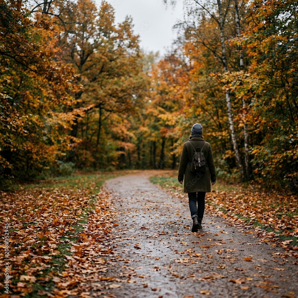 Fototapeta premium Woman walking on a forest path during autumn with colorful leaves.