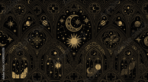 Flat vector Gothic celestial pattern, dark ornate pointed arches, stylized celestial bodies with cathedral window details, dramatic black and gold cosmic aesthetic

