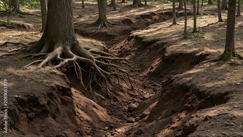 Exposed tree roots create a natural pathway through a dense forest floor showcasing the intricate underground ecosystem.