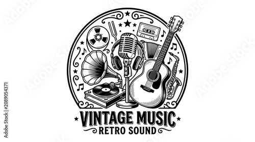 Foto Vintage Music Retro Sound Collage: Guitar, Saxophone, Gramophone, Microphone, Ca