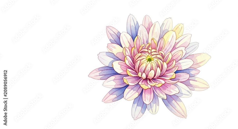 Obraz premium A delicate watercolor painting of a single chrysanthemum flower featuring soft petals in pastel tones, set against a clean white background, elegant, aesthetic, bright