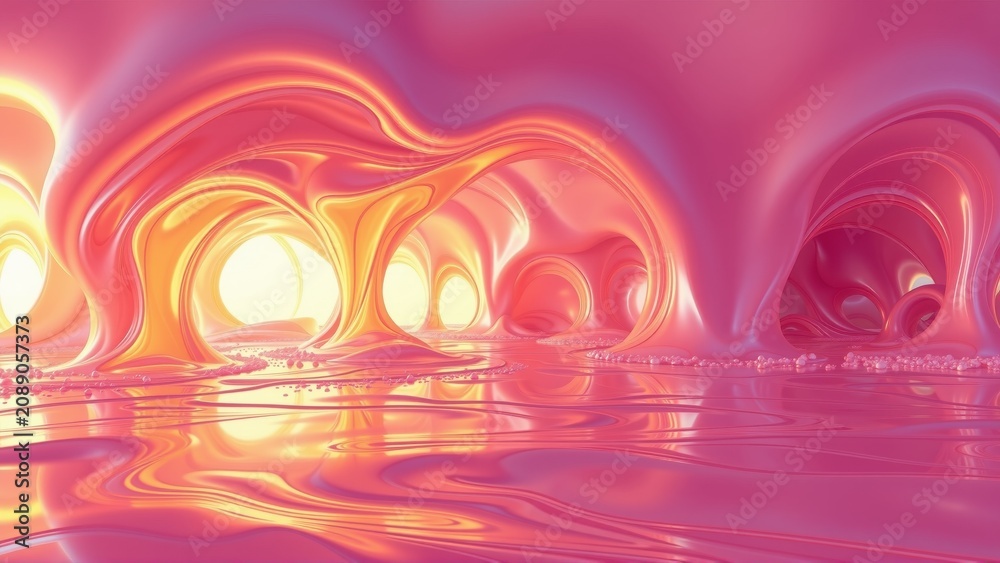 Fototapeta premium Abstract fluid shapes, warm colors dominate. Reflections create surreal cavelike formations. Light emanates from within structures.