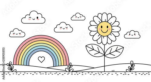 Foto Whimsical flat vector illustration featuring colorful imaginative characters and nature elements in a minimalist style isolated on a white background for creative design projects