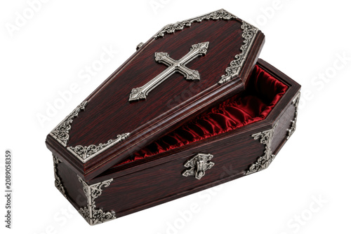 Wooden coffin box isolated on white, Halloween decor element