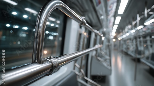 Empty subway train interior with metal handrails and bokeh lighting.