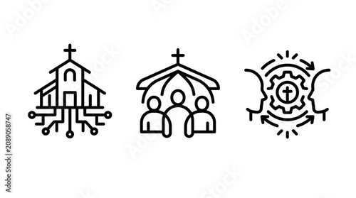 Church community technology and faith development line icons with community technology religion connection communication leadership organization spiritual development innovation structure