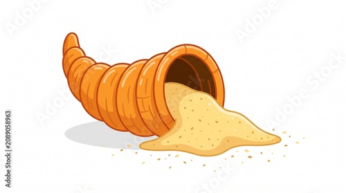 A simple cartoon vector illustration of an empty woven horn of plenty cornucopia lying on its side, spilling out fine golden sand onto a clean, solid white background.