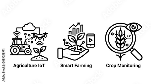 Smart farming and agriculture io t technology icon set with agriculture monitoring technology production analysis environment automated irrigation cultivation innovation management resource