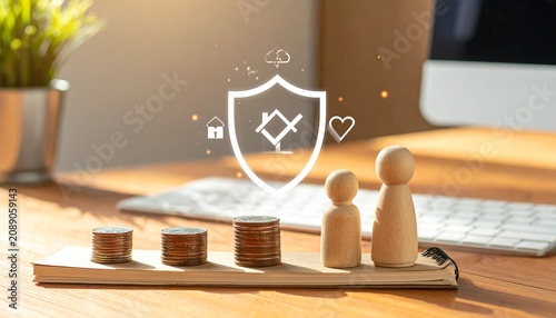 Family financial security concept with coins and shield