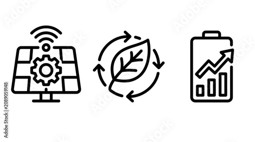 Smart solar monitoring and eco sustainability icons set with monitoring sustainability environment performance technology renewable analysis business improvement optimization efficiency