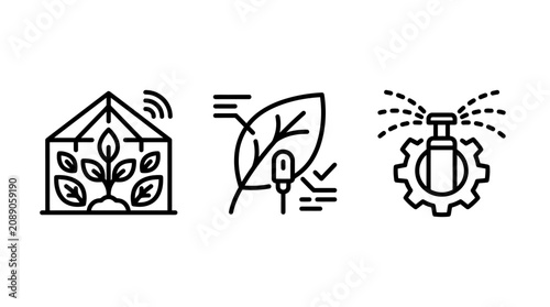 Smart greenhouse and plant monitoring automated icons with greenhouse agriculture monitoring irrigation automated technology gardening efficiency analysis optimization technical management