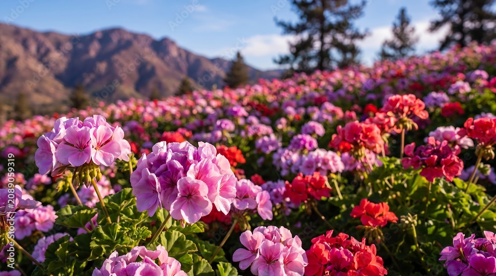 Obraz premium Vibrant geranium flowers blooming in a mountain meadow