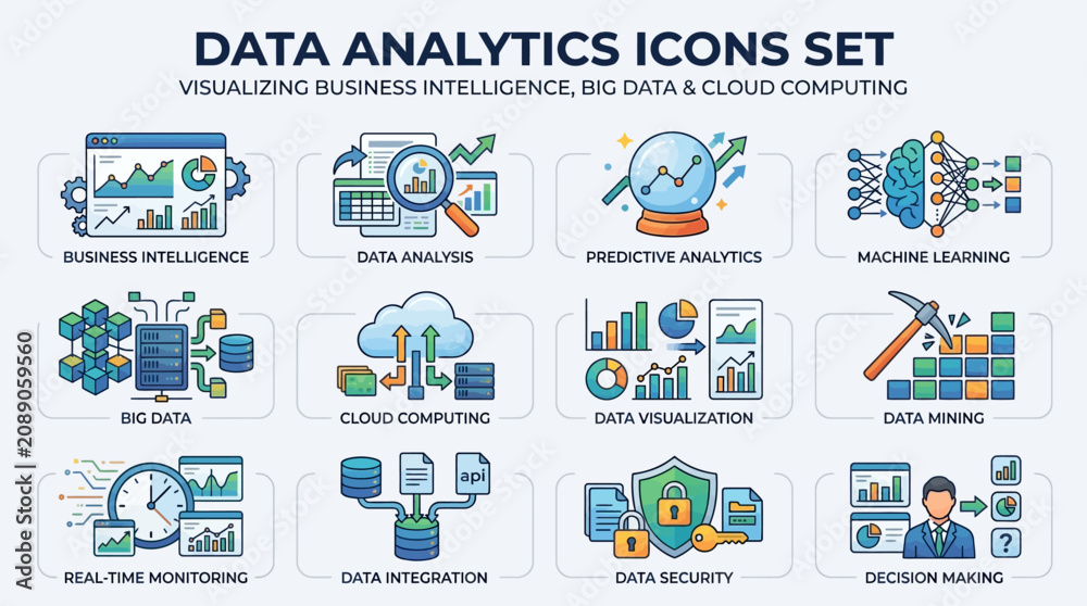 Fototapeta premium A collection of data analytics icons set visualizing business intelligence and computing