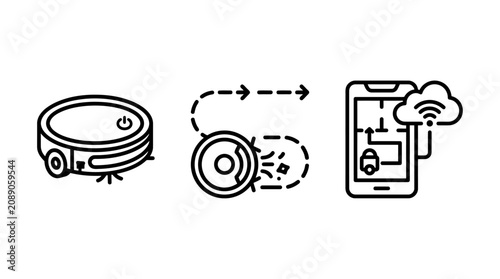 Smart robot vacuum cleaner navigation and app connectivity icon set with navigation connectivity technology automation household appliance cleaning domestic software monitoring housework