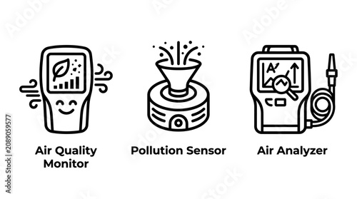 Air quality monitoring and pollution detection sensor icons with pollution analyzer detection environment analysis technology measurement equipment illustration atmospheric breathing