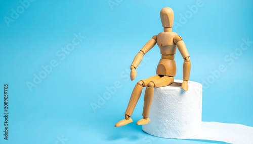 Wooden mannequin sitting on toilet paper roll blue background