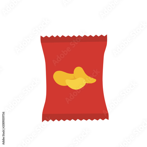 Flat potato chips bag icon. Colorful snack food vector illustration isolated on white background