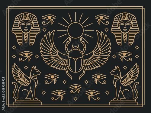 Fotografie Ancient Egyptian Mythological Symbols Line Art Featuring Scarab, Pharaoh, Eye of