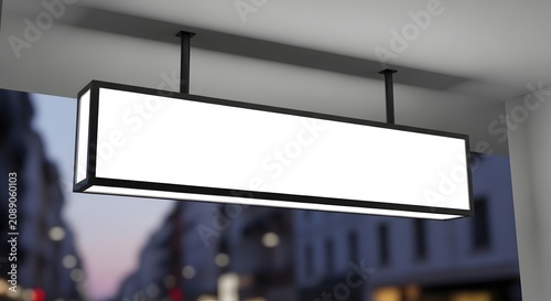 Blank white rectangular ceiling-mounted sign for advertising or information display in a modern setting.