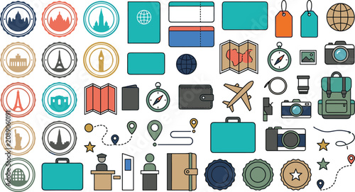 Foto Travel stamp and tourism vector icon set with world landmarks cameras passports