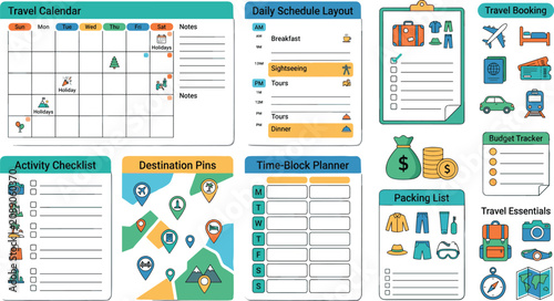 Tableau sur toile Travel planner and trip organizer vector template set with calendar schedule che