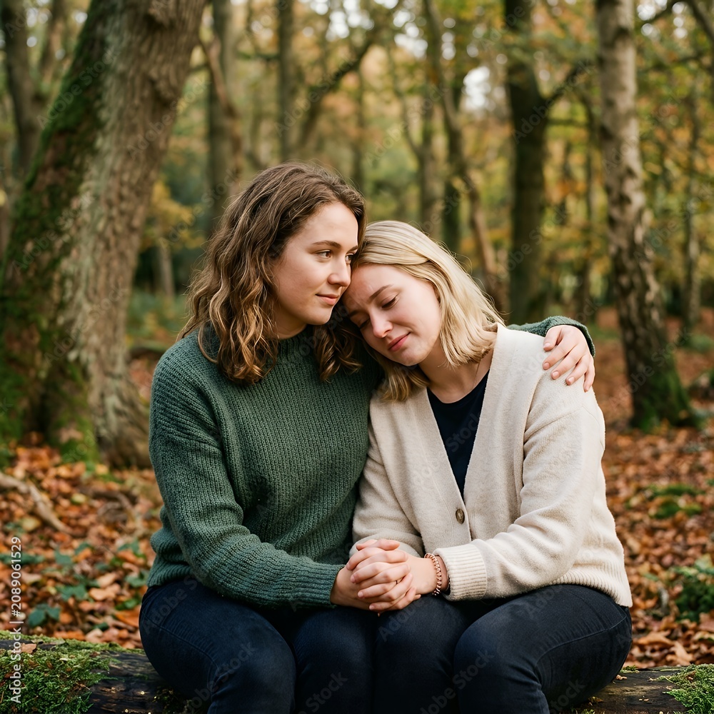 Fototapeta premium Two young women friends embracing in a forest during autumn season.