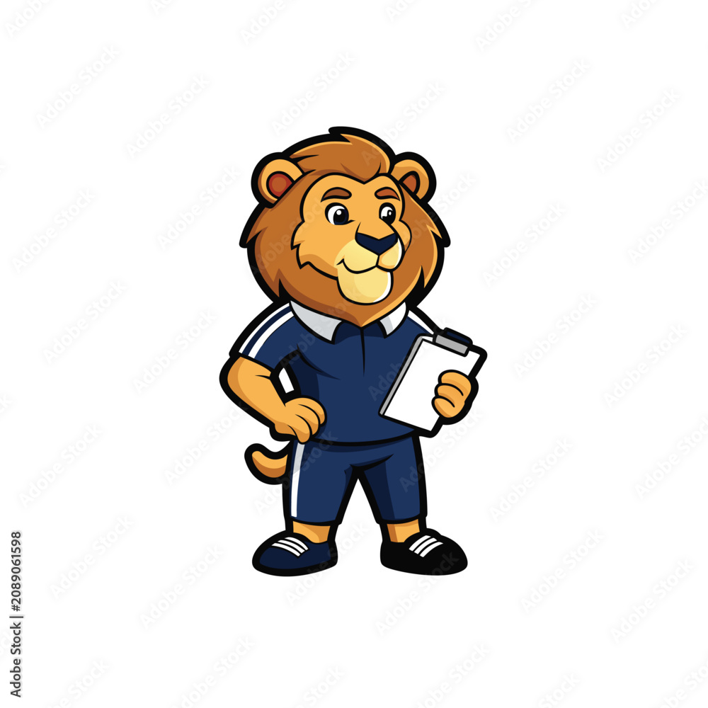 Naklejka premium Lion mascot coach character holding writing tablet.