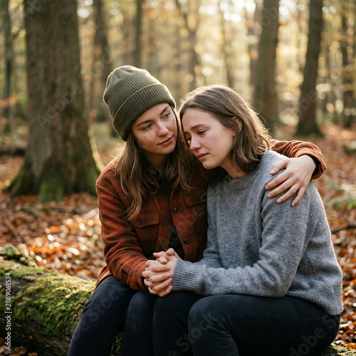 Two young women friends comforting each other in a forest during autumn.
