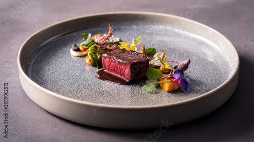 Elegant Wagyu beef plated in modern restaurant, showcasing marbling, texture, and fine-dining luxury, professional lighting, minimalist culinary composition, premium gourmet presentation