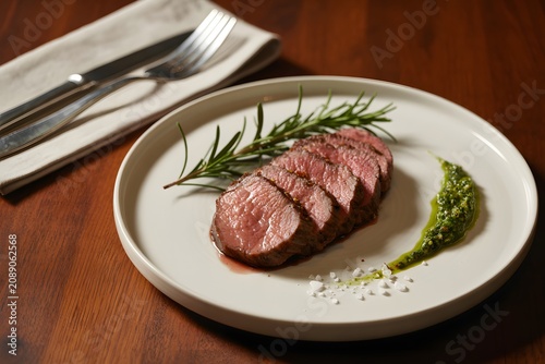 Grilled sliced beef steak served with rosemary and pesto on plate, beefsteak
