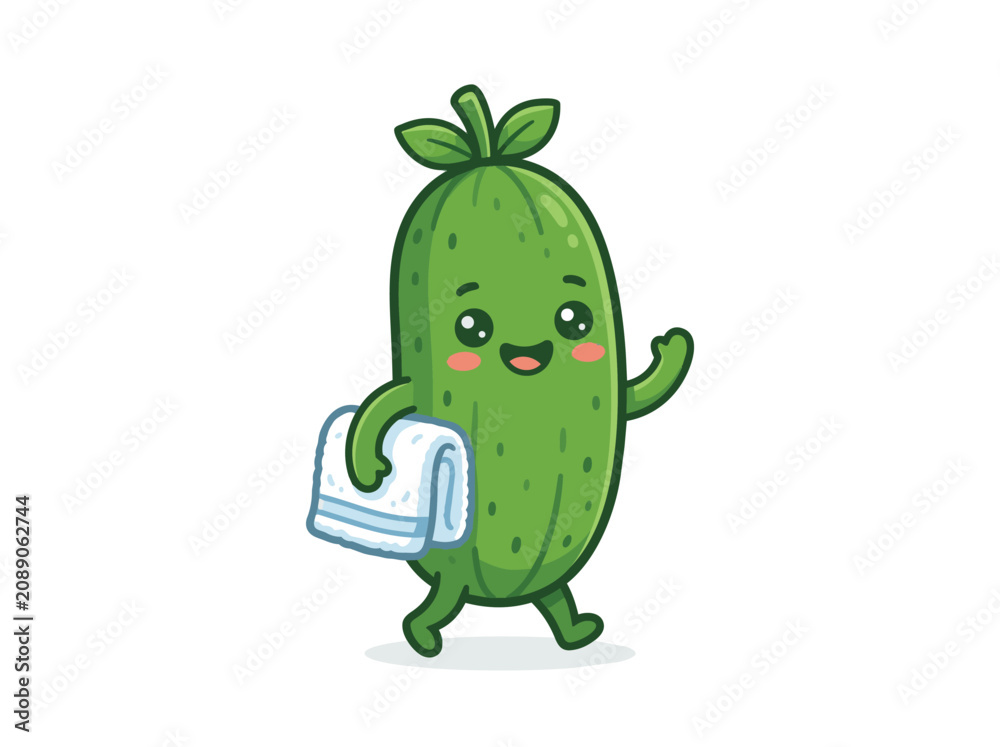 Fototapeta premium A cartoon pickle character happily holds a towel in a playful scene.