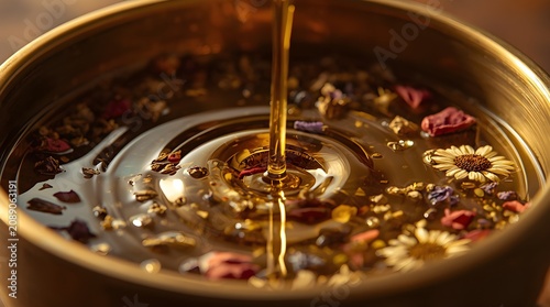 Golden herbal oil pouring into a brass bowl with floating flower petals, aromatherapy and spa wellness concept