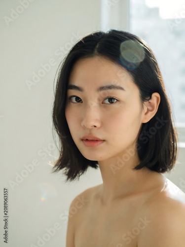 Asian Woman with Black Hair and Roller in Modern Room