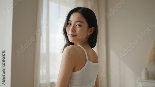 Asian Woman Turning Around in White Room with Natural Light