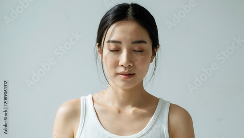 Asian Woman Meditating in White Tank Top on Grey Background