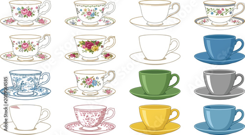 Obraz na płótnie Vector illustration set of vintage porcelain teacups and saucers with elegant fl