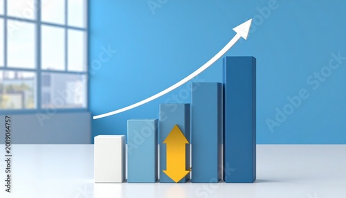 3D blue gradient bar chart with arrows showing upward growth