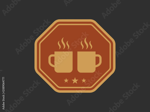 Vintage Coffee Shop Logo Badge with Two Steaming Mugs and Stars