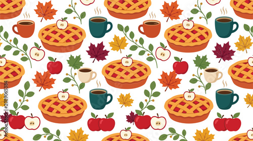 Foto Seamless pattern with apple pies autumn leaves red apples and hot drinks for tha