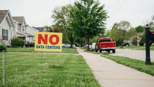 Protest sign stating No Data Centers on residential lawn, suburban neighborhood activism against industrial development, local community opposition