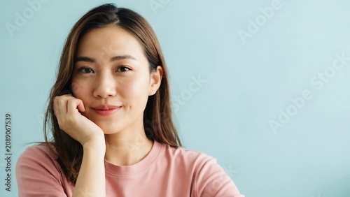 Smiling Asian Woman in Pink Shirt on Blue Background