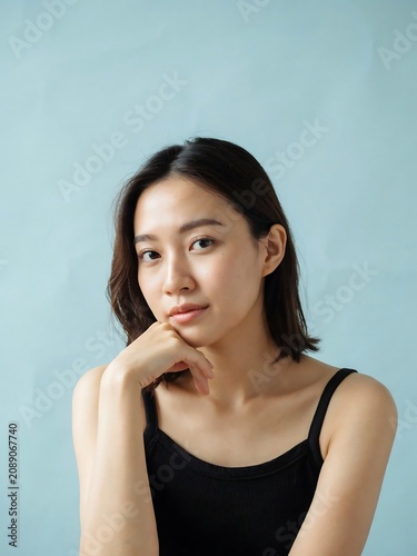 Asian Woman Thinking in Black Tank Top on Blue Background