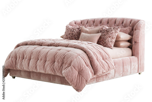 Elegant blush pink velvet bed with decorative cushions isolated on white background. Premium bedroom furniture PNG for luxury home interiors.